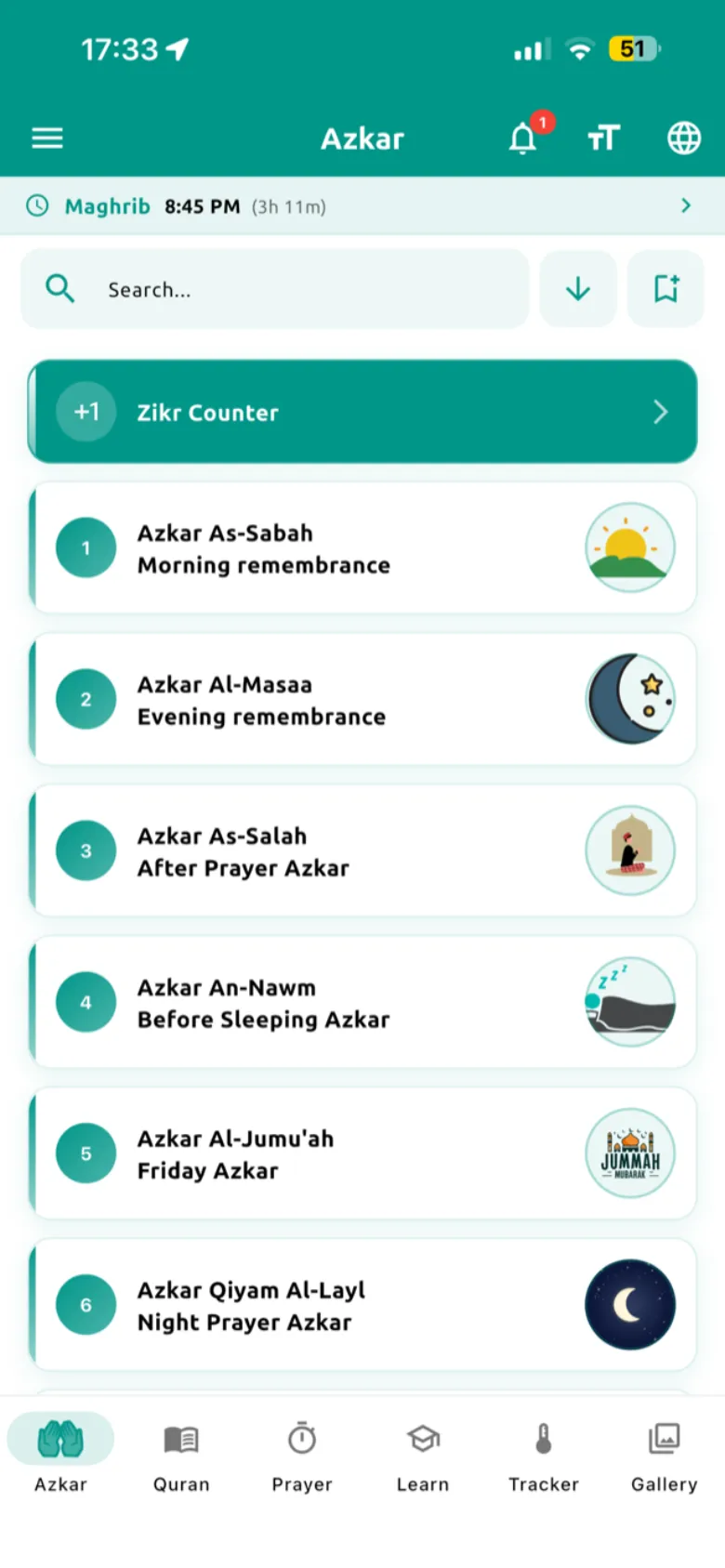 Azkar categories with Zikr Counter, Play All, and notification reminders